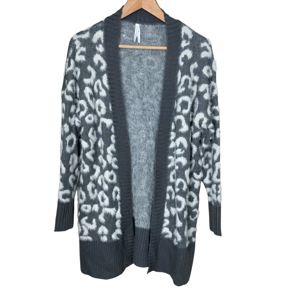 Dreamers‎ by Debut Gray Leopard Print Open Front Knit Cardigan Sweater - Size L